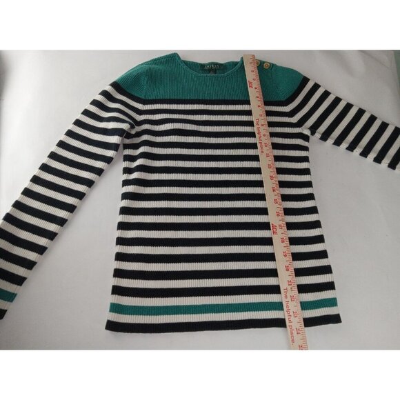 Lauren Ralph Lauren Rib Knit Sweater Womens Large Green Black Stripe Gold Button - Picture 6 of 9